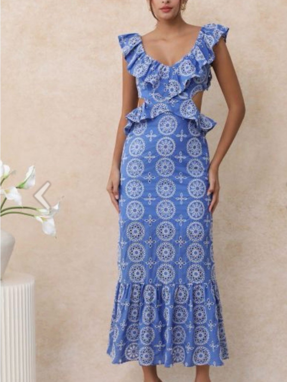 OPEN BACK RUFFLE FLORAL EMBROIDERY EYELET MAXI DRESS